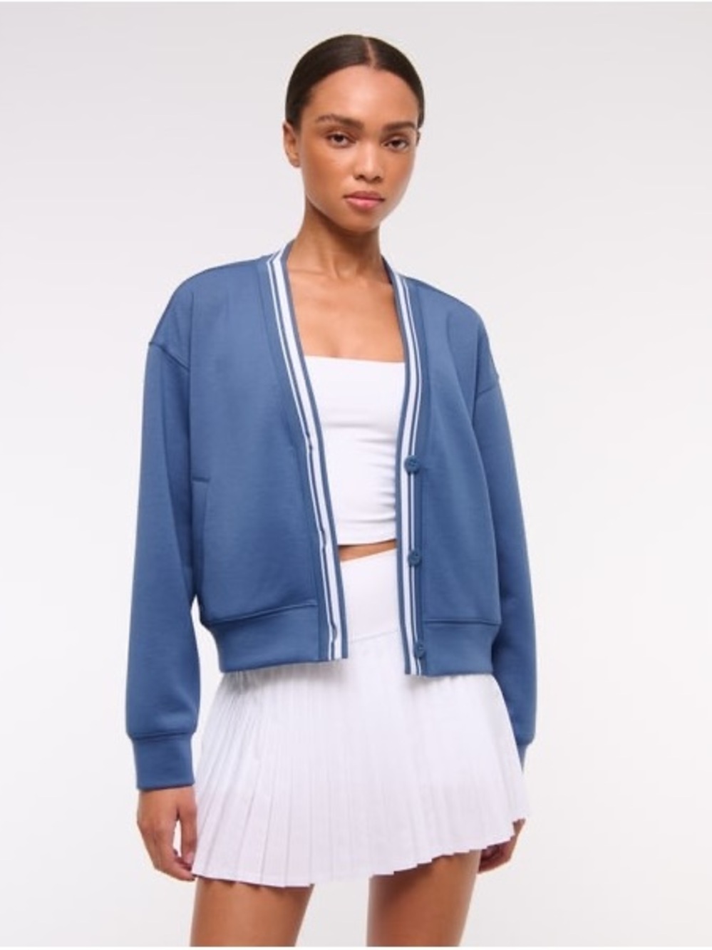 Women's Blue Striped-Trim Cardigan Jacket